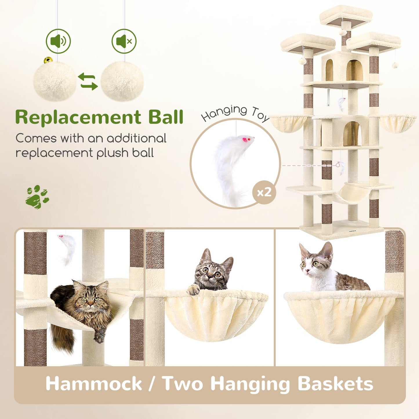 Globlazer Big Cat Tower for Indoor Cats, 80inch Cat Tower for Multiple Adult Cats XXL Cat Tree with Scratching Post, Hammock, 3 Perches, 2 Condos, 2 Hanging Basket, F80, Beige