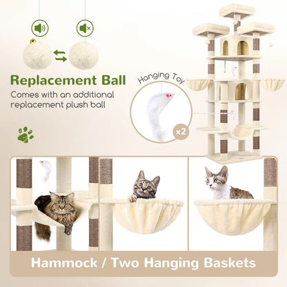 Globlazer Big Cat Tower for Indoor Cats, 80inch Cat Tower for Multiple Adult Cats XXL Cat Tree with Scratching Post, Hammock, 3 Perches, 2 Condos, 2 Hanging Basket, F80, Beige