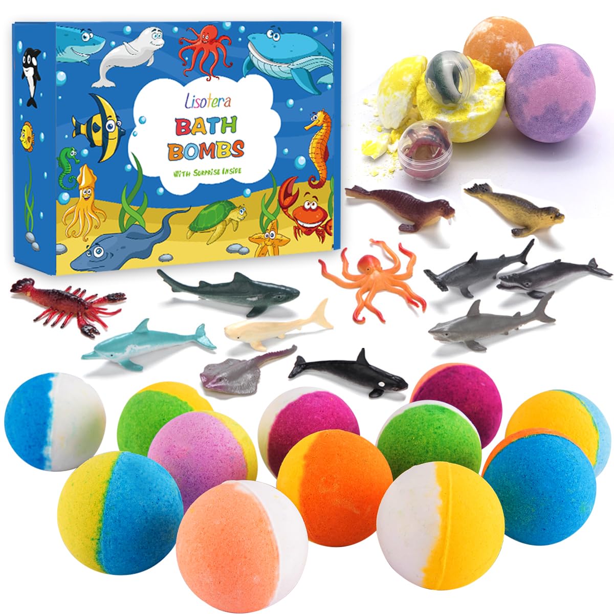 Bath Bombs for Kids with Surprise Inside - 12Pcs Kids Bubble Bath Fizzies with Sea Animal Toys, Gentle Safe for Skin Moisturize. Birthday Christmas Gifts for Boys Girls