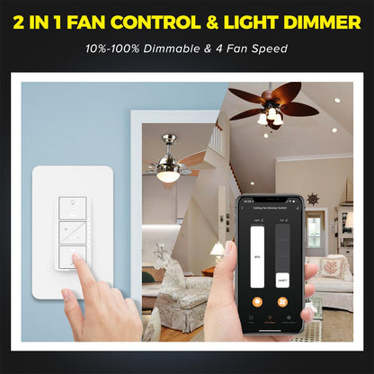 Smart Ceiling Fan Control and Light Dimmer Switch, Compatible with Alexa/Google Assistant/Smart Life, Neutral Wire Required, Single Pole Fan Light Switch, 2.4G Wi-Fi only, Timer, No Hub Required, 2PCS