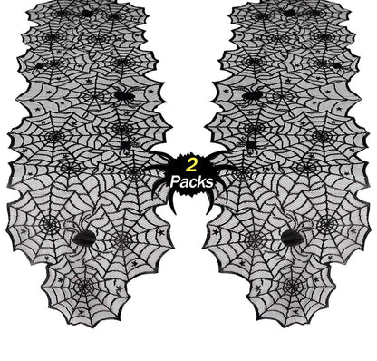 B-COOL Halloween Table Runners Lace 2 Packs Black Spider Web Linens Polyester Gathering Gothic Festival Fabric Decoration 18x72inch
