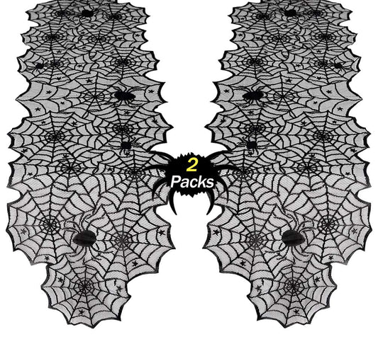 B-COOL Halloween Table Runners Lace 2 Packs Black Spider Web Linens Polyester Gathering Gothic Festival Fabric Decoration 18x72inch