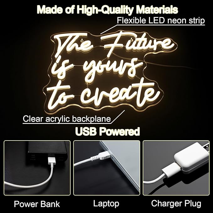 Horseneon The Future is Yours to Create Neon Led Sign, Letters Neon Signs for Wall Decor, Warm White Neon Light Sign with USB Powered for Bedroom, Windows, Living Room, Office, Children's Room