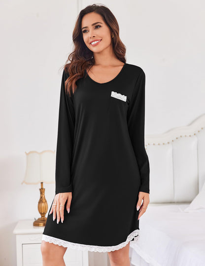 Ekouaer Nightgowns for Women Night T-shirt Sleep Dress Soft Sleepwear Comfy Long Sleeve Sleepshirt Ladies Nightdress Black