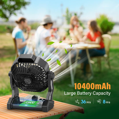JINLICTE 10400mAh Solar Fan with LED Lantern, Camping Fan with Solar Panel, 7W Rechargeable Solar Powered for Outside, Quiet Battery Operated Tent for Picnic, Barbecue, Fishing, Travel