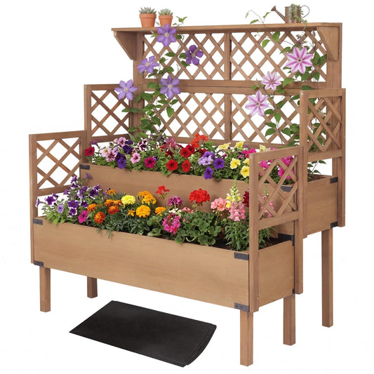 Raised Garden Bed with Trellis, 2-Tier Elevated Planter Box, Wooden Outdoor Planter for Vegetables Herbs Flowers, Lattice Back for Climbing Plants, Modern Minimal Design for Patio Balcony Backyard