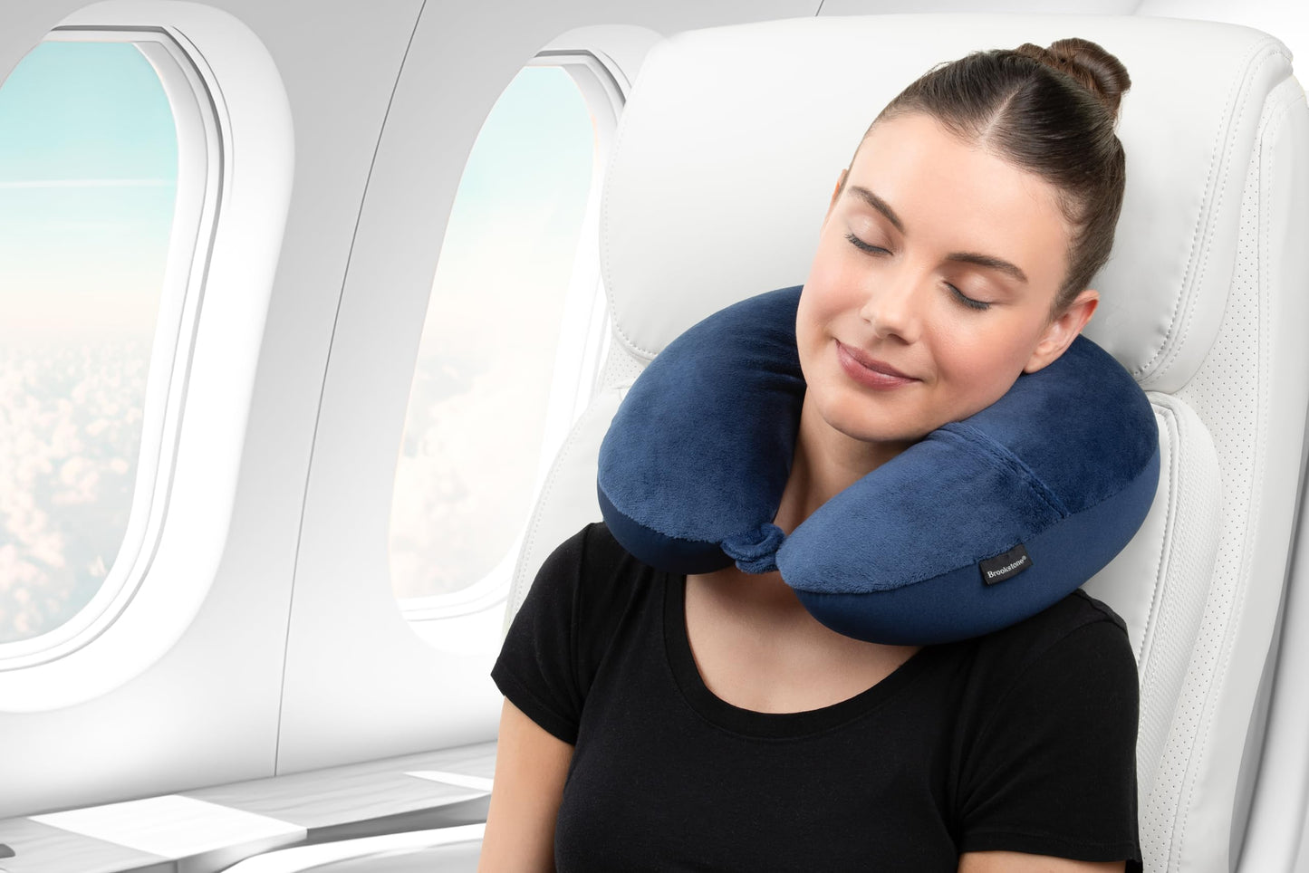 Brookstone Microbead Travel Head and Neck Pillow Lightweight and Plush with Phone or Headphone Pocket, Blue