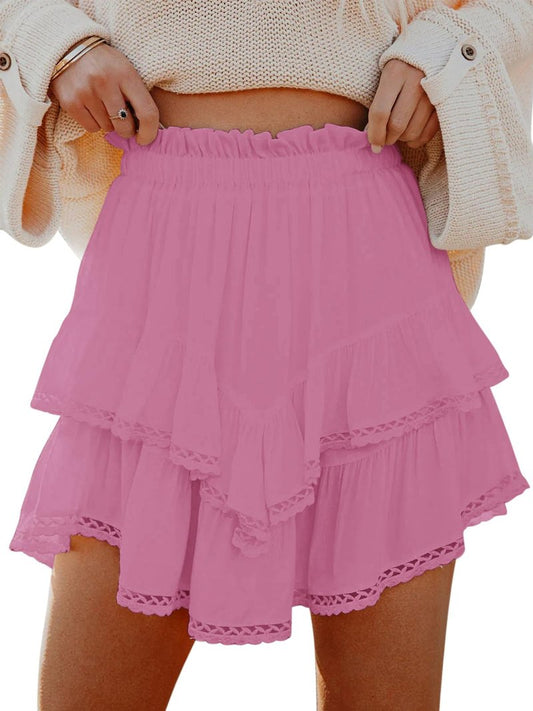 Aoudery Flowy Shorts for Women Casual Boho Ruffle Tiered Skorts High Waist Mini Skirts Golf Tennis Butterfly Crochet Shorts - Mauve Pink M