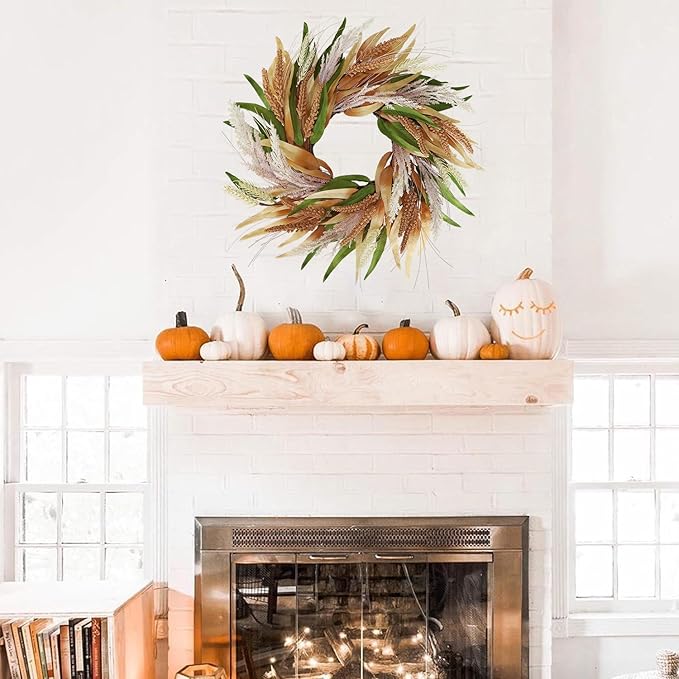 20" Fall Wreaths for Front Door with Green Brown Foliage Grain Ear Wheat and Pampas Grass – Boho Thanksgiving Harvest Wreath, Front Door Porch Decor.