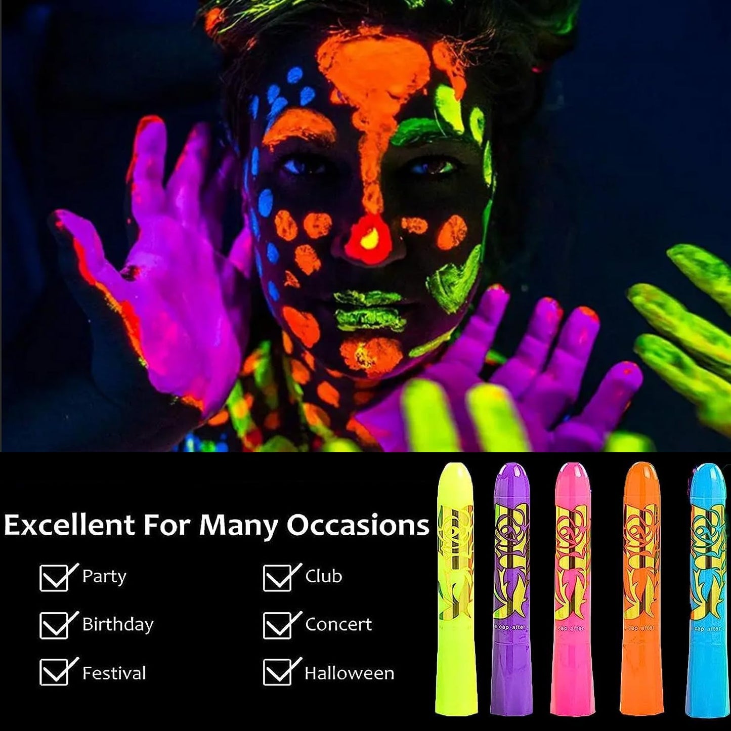 ONMAY UV Neon Face & Body Paint Stick -10 Glow-in-the-Dark Colors for Halloween, Parties, Raves-Safe Non-Toxic UV Reactive Makeup for Skin, Cosplay & Festivals
