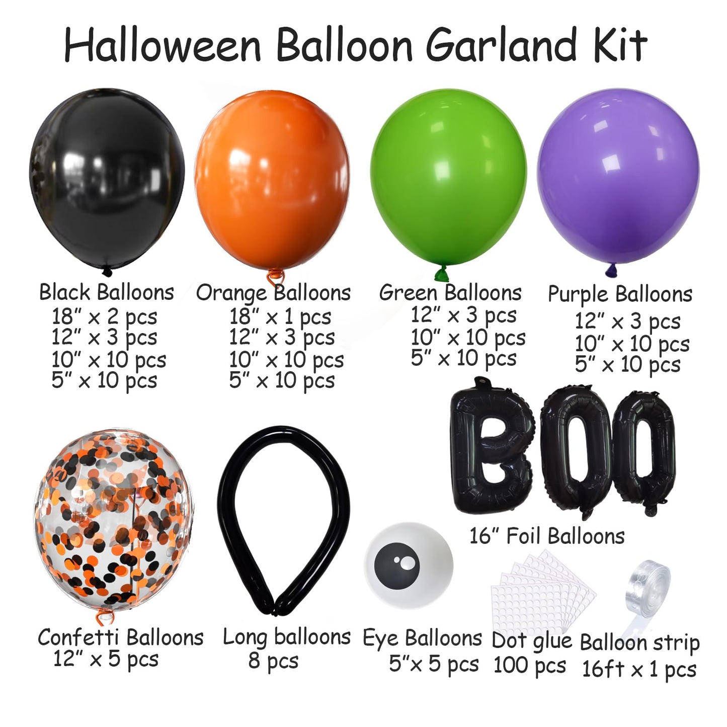 116Pcs Halloween Balloons Black Orange Purple Green Latex Balloons Eye Balloons with BOO Foil Balloon for Halloween Party Decorations