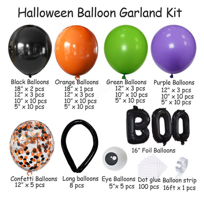 116Pcs Halloween Balloons Black Orange Purple Green Latex Balloons Eye Balloons with BOO Foil Balloon for Halloween Party Decorations