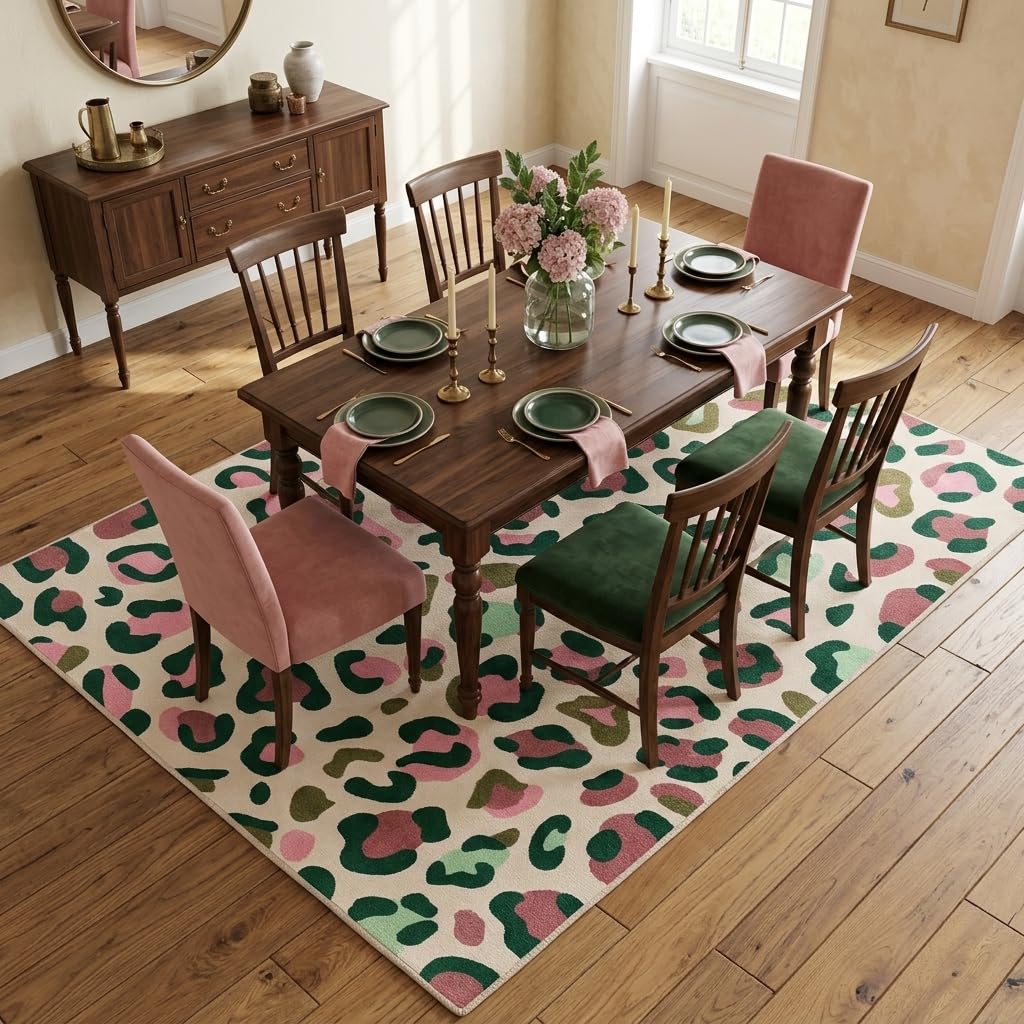 ERYATOU 5x7 Area Rug, Pink and Green Leopard Print Rug, Washable Non-Slip Low Pile Faux Cashmere Carpet for Teen Girls Bedroom, Dorm Room, Living Room Decor