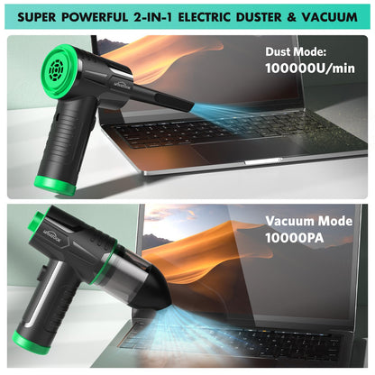 2-in-1 Computer Vacuum Cleaner，Compressed Air Duster Blower，100000 RPM & 10 Kpa Cordless Car Hoover, Portable Handheld Keyboard Cleaner Kit for PC Computer Desk Dust Cleaning，Green