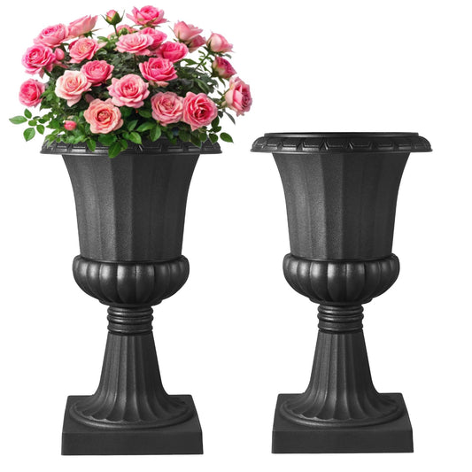 VEVOR Plastic Urn Planters, 15.8 x 26.4 Inch, 2 Pack Black Classic Flower Pots Front Porch Planters, Indoor & Outdoor Vase for Wedding, Party, Event, Home, Stage, Garden, Balcony, Patio Decoration