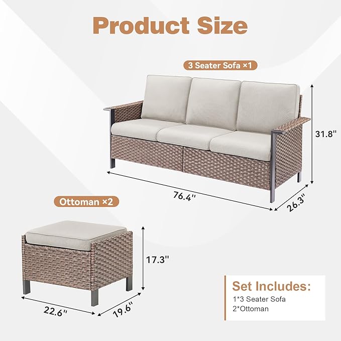 3 Pieces Patio Furniture Sofa Set-Outdoor Wicker Patio Furniture Covered Couch with Multifunctional Ottoman and High Back Outdoor Patio Conversation Set for Backyard Porch Garden Brown/Beige