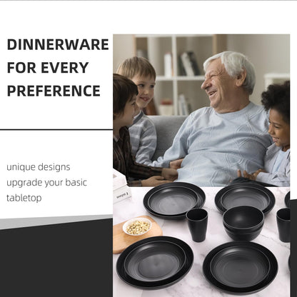 Black Plates and Bowls Sets for 8,Wheat Straw Dinnerware Sets Black Plastic Reusable Dishwasher Safe for Kitchen Halloween Camping,32 Pcs Lightweight Unbreakable Plastic Dishes Set Outdoor