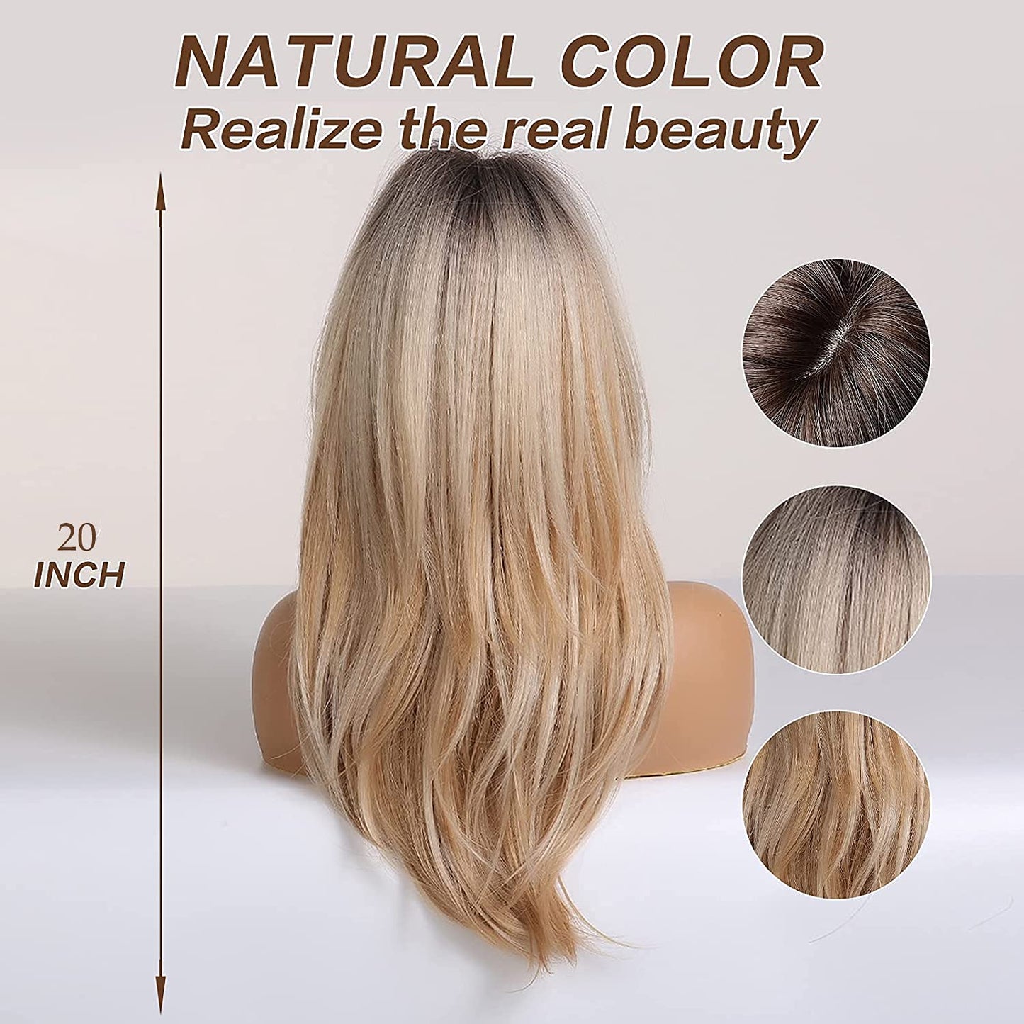 Esmee 20 Inches Long Straight Blonde Layered Synthetic Hair Wigs for Women with Dark Roots for Daily Party Use