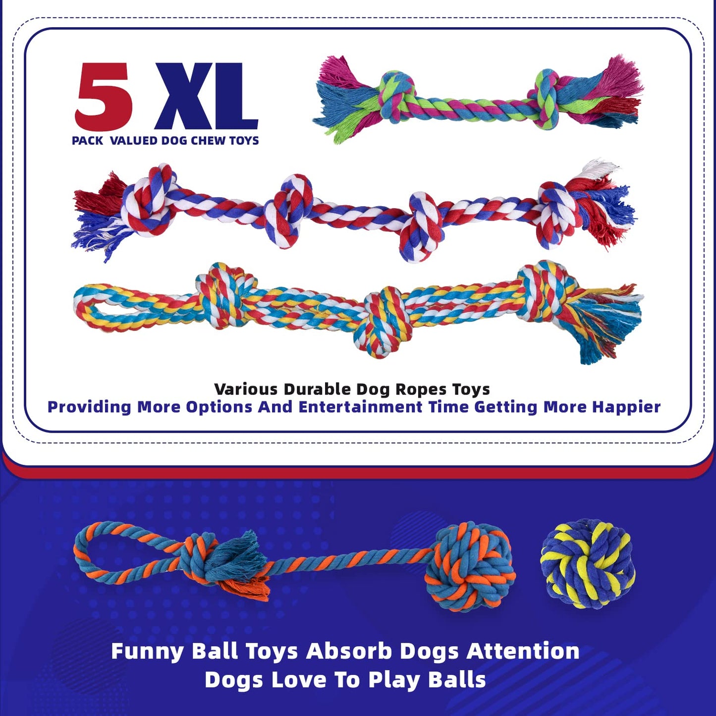 LARGE Dog Rope Toys (Extremely Durable and Strong) For Large And Medium Dog - EXTRA LARGE DOG TOYS For Aggressive CHEWERS - NEARLY INDESTRUCTIBLE - Sturdy Rope - Tug Of War Rope for Teething (5PCS)