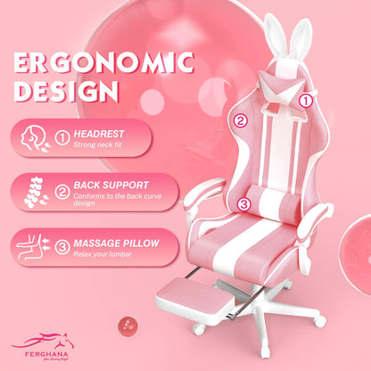 Ferghana Kawaii Pink Gaming Chair with Bunny Ears, Ergonomic Cute Gamer Chair with Footrest and Massage, Racing Reclining Leather Office Computer Game Chair 250lbs for Girls Adults Teens Kids
