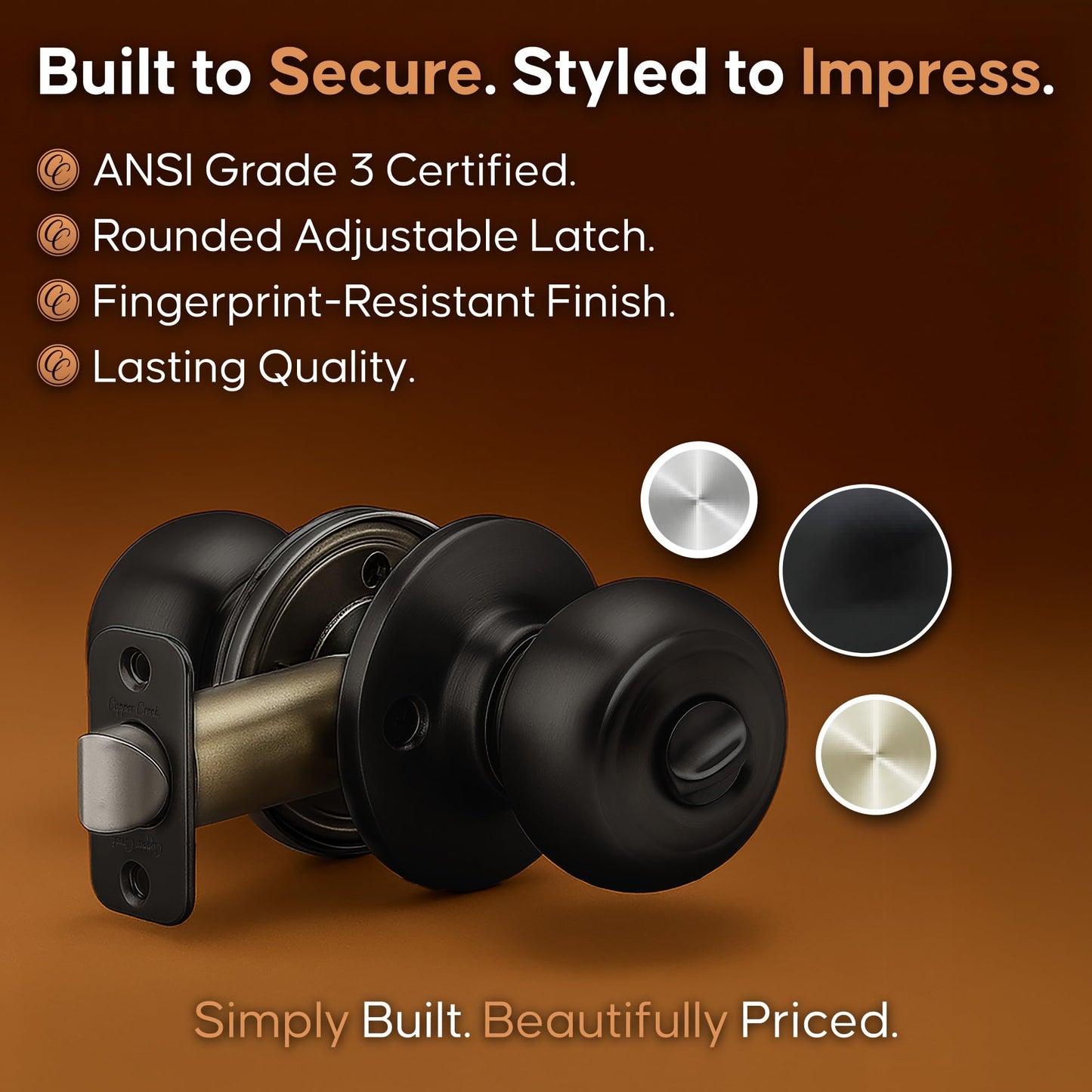 Copper Creek Privacy Interior Door Knob – ANSI Grade-3 Certified, Modern Heavy Duty Handle, Easy Install and Reversible for Bedroom, Bathroom and Closets – Matte Black (1 Pack)