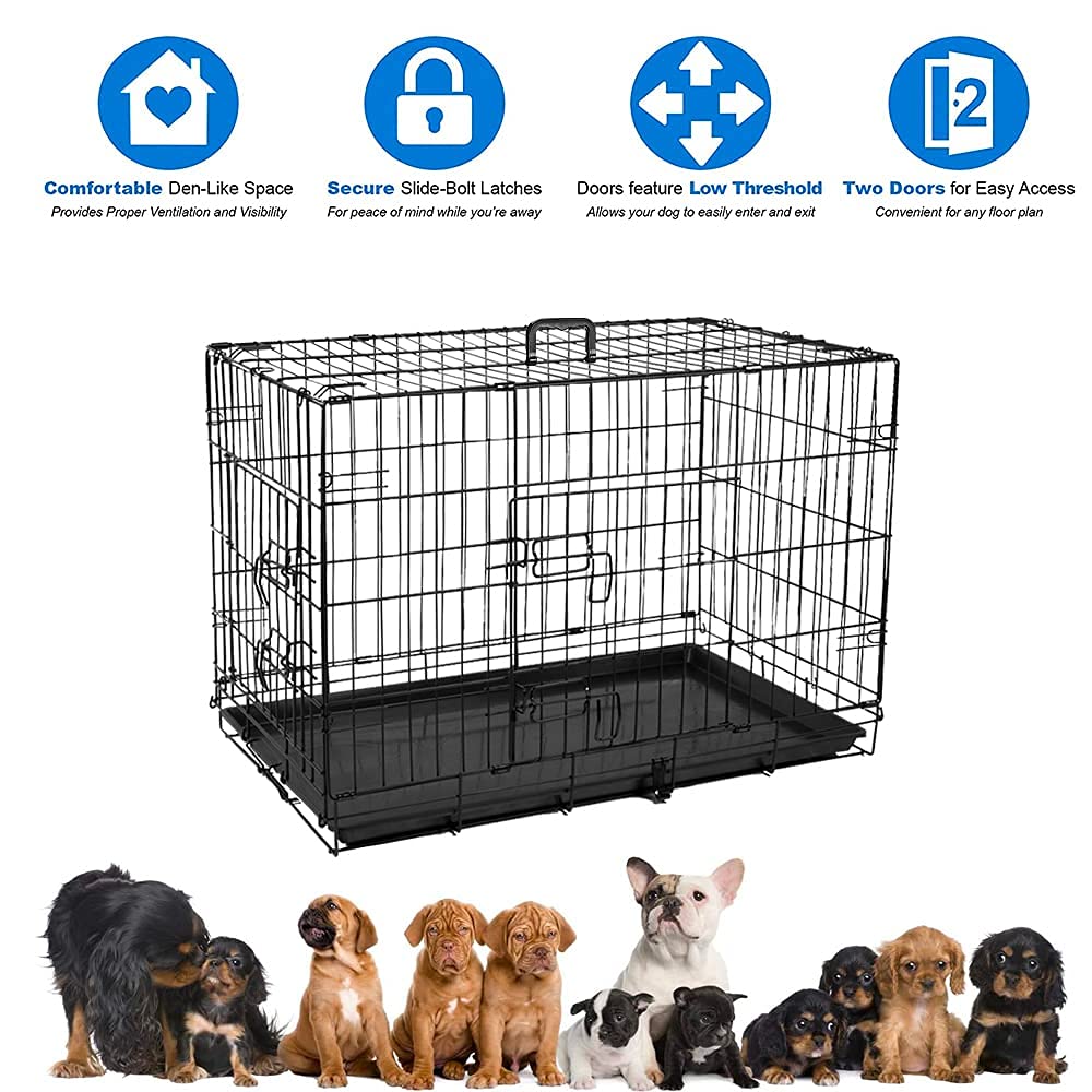 Wowsubli Dog Crate 48 inch Pet Cage for Large Dogs, Black Folding Metal Training Kennel Cat Puppy Animal Transport with Solid Tray 2 Door 4 Lock