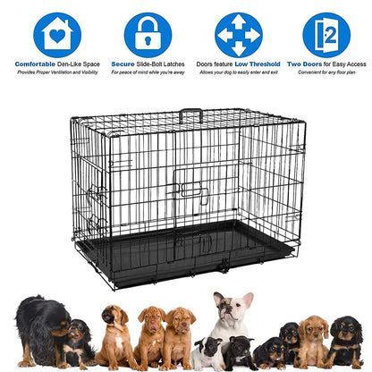 Wowsubli Dog Crate 48 inch Pet Cage for Large Dogs, Black Folding Metal Training Kennel Cat Puppy Animal Transport with Solid Tray 2 Door 4 Lock