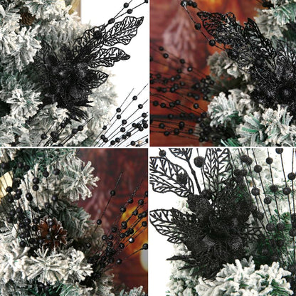 ROSELEAF 28 Pack Black Christmas Tree Ornaments, Artificial Glitter Berry and Flowers Stem Branches Picks for Halloween Xmas Tree Decoration Gift Small Vase Home Holiday Wedding Party Decor