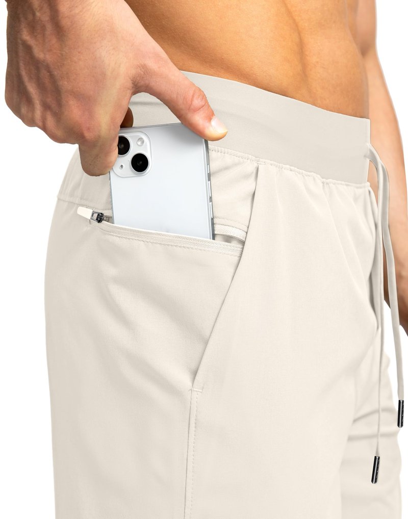 Soothfeel Men's Running Shorts with Zipper Pockets 5 Inch Lightweight Quick Dry Basketball Gym Workout Athletic Shorts for Men (Bone, S)