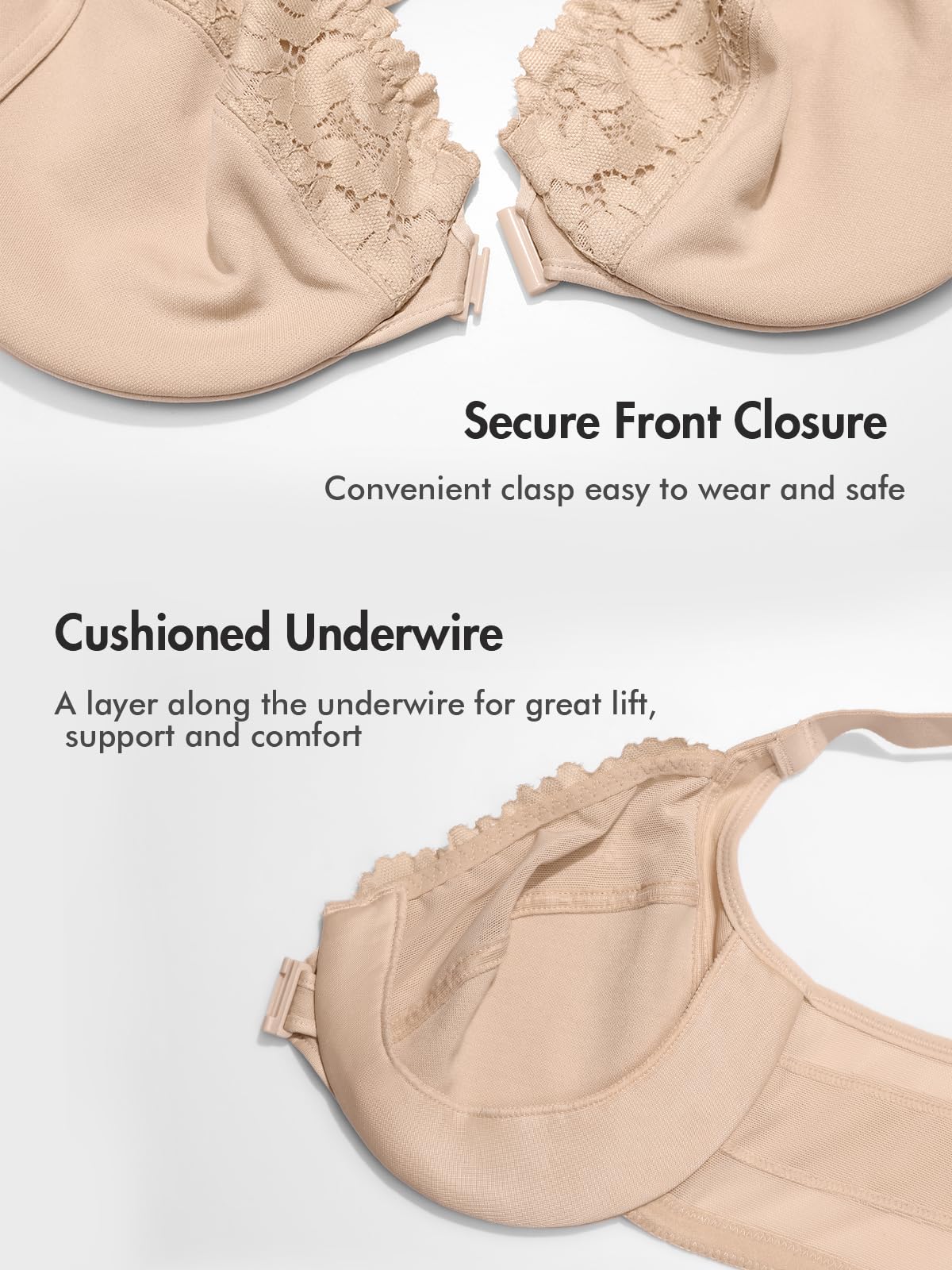DELIMIRA Women's Front Closure Bras Posture Full Coverage Plus Size Lace Underwire Unlined Bra Beige 40DD