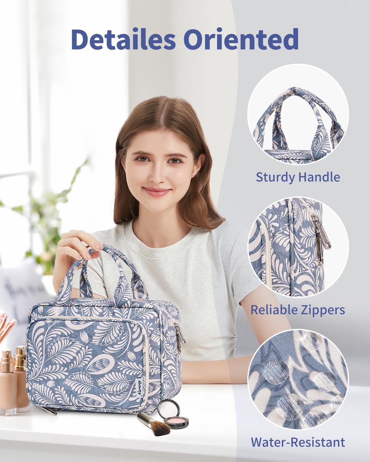 Narwey Full Size Toiletry Bag Large Wash Bag Makeup Bag Travel Organizer Cosmetic Bag for Women (Blue Leaf)