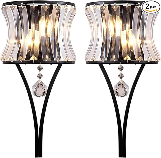 Crystal Wall Sconces Set of Two, 2-Light Black Sconces Wall Decor Set of 2, Modern Bathroom Wall Light Bedside Wall Lamps Luxury Glass Sconces Wall Lighting for Living Room Bedroom Hallway