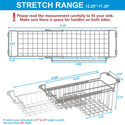 FavoThings Over The Kitchen Sink Caddy Sponge Holder Organizer Drying Rack Expandable for Sponge Brush Soap Dish Cloth Rag, Stainless Steel (12.25" to 17.25")