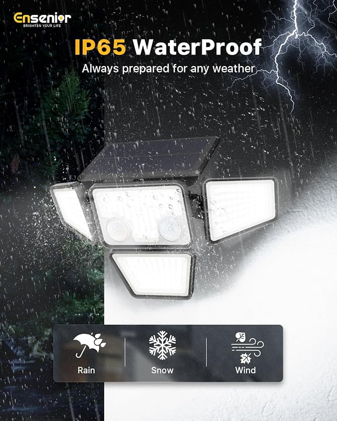 Ensenior Solar Lights Outdoor, IP65 Waterproof Motion Sensor Outdoor Light with Remote Control, 279 LED 4 Heads Solar Security Light with 4 Mode, 270° Wide Angle Solar Flood Light for Outside, 2 Packs