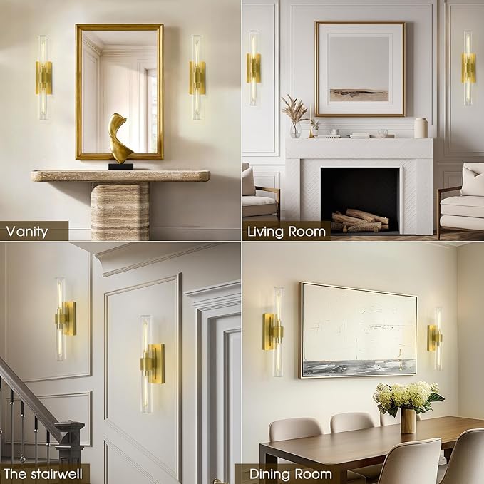 Brass Wall Sconces, 22.8" Bathroom Wall Sconce, Gold Wall Sconces Set of 2, 2-Light Dimmable Wall Sconce, Sconces Wall Lighting With Glass, Bathroom Vanity Light, Tube Sconce for Living Room, Hallway