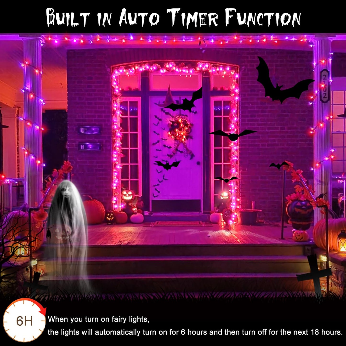2 Pack Halloween Fairy Lights Battery Operated 200 LED 66Ft Silver Wire Starry String Lights Auto Timer 8 Modes Waterproof Mini String Lights for Outdoor Garden Yard, Fence Decor (Purple & Orange)