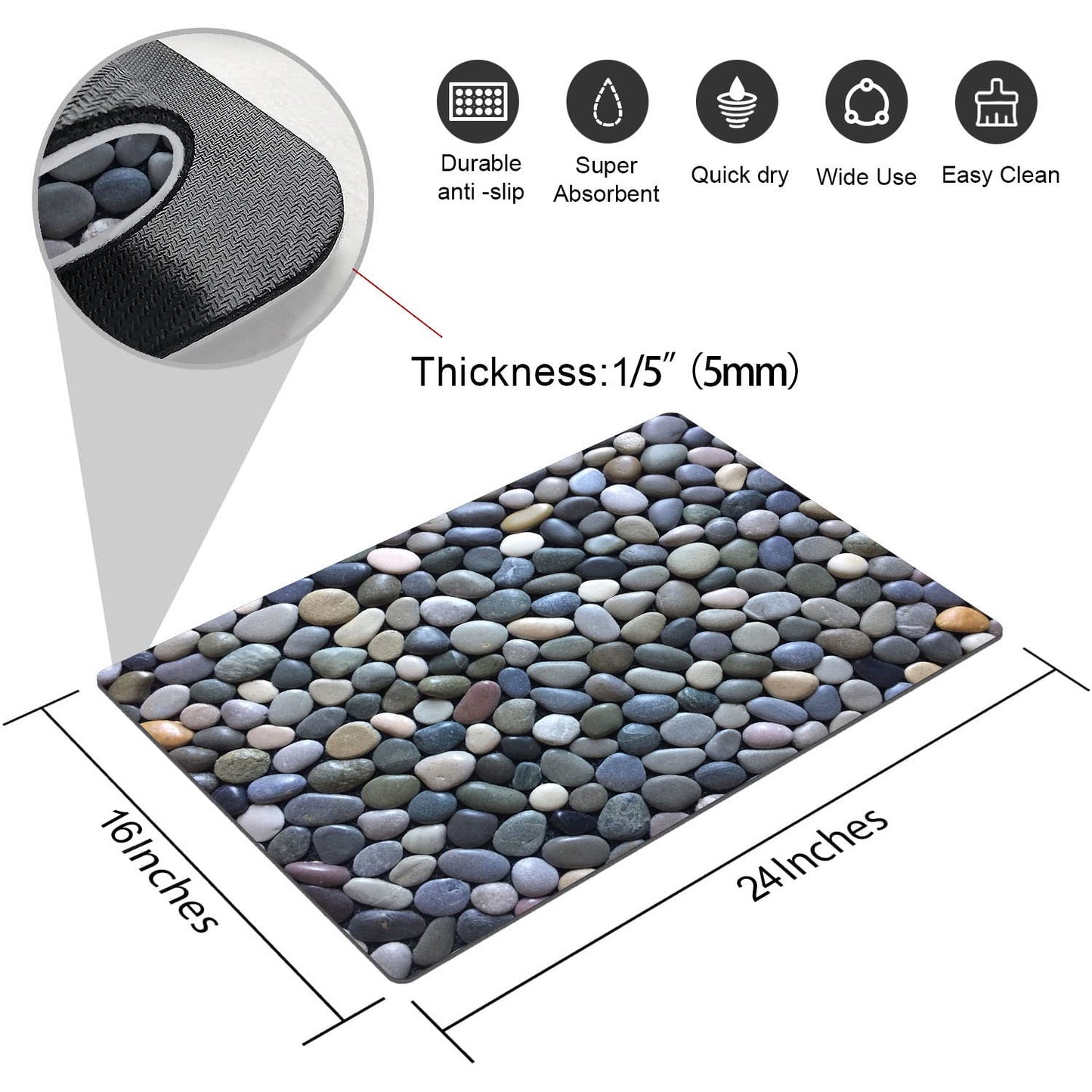 OHTMTHO Cobble Pebble Stone Bath Mat Non Slip Washable Bathroom Rugs for Shower Room Bathtub 16"x24"