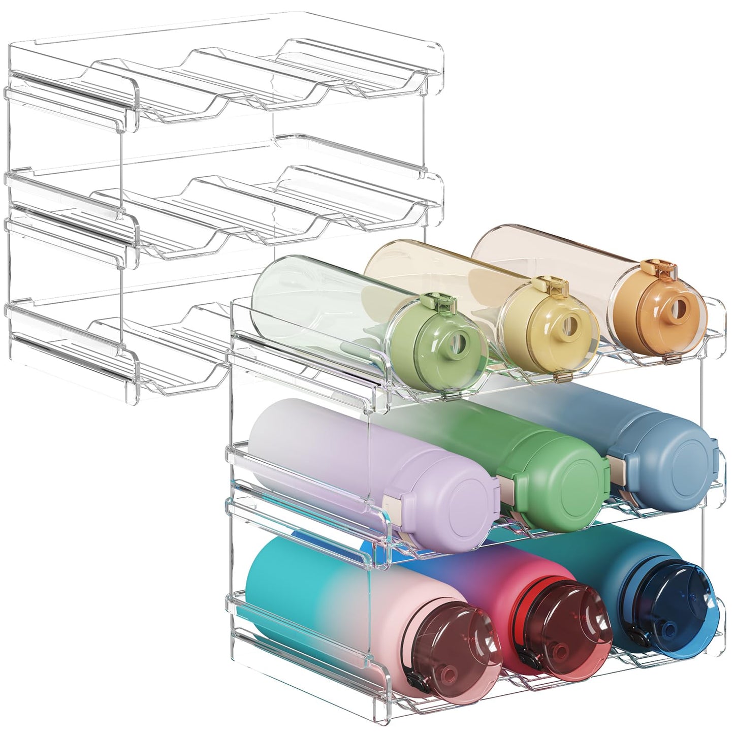 Lifewit Stackable Water Bottle Organizer for Cabinet, Plastic Bottle Holder Fits Bottles & Tumblers up to 3.8" Diameter, Pantry, Countertop & Fridge, Holds 6 Bottles