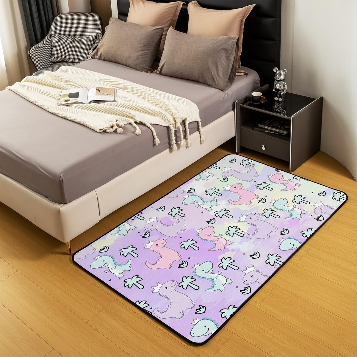 Erosebridal Dinosaur Area Rug 3'x5', Kawaii Dinosaur Carpet for Kids Girls Boys Teens Gift Bedroom Decor, Cartoon Cute Animals Decorative Rug Mat,Palm Leaf Accent Rug Set, Green Purple Pink
