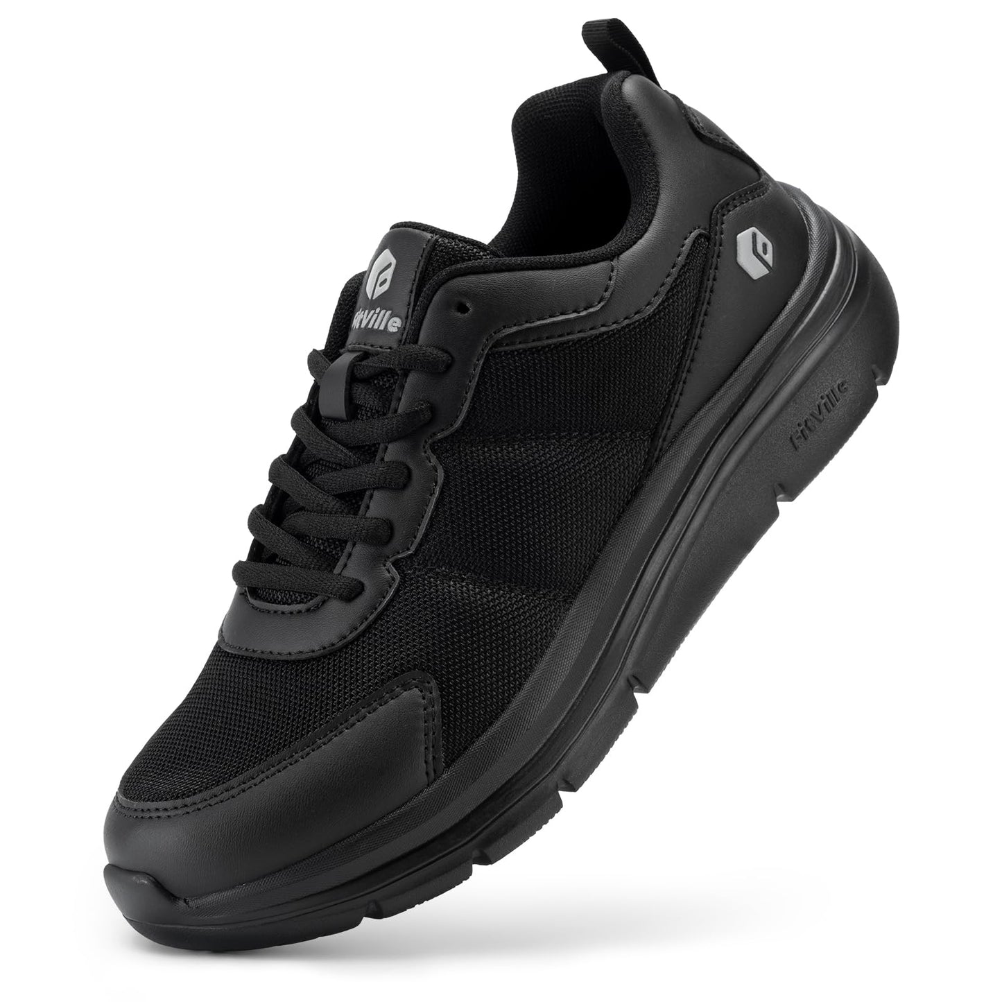 FitVille Mens Extra Wide Fitting Trainers Lightweight Breathable Walking Sneakers Comfortable Shoes for Plantar Fasciitis Wide Feet Jet Black