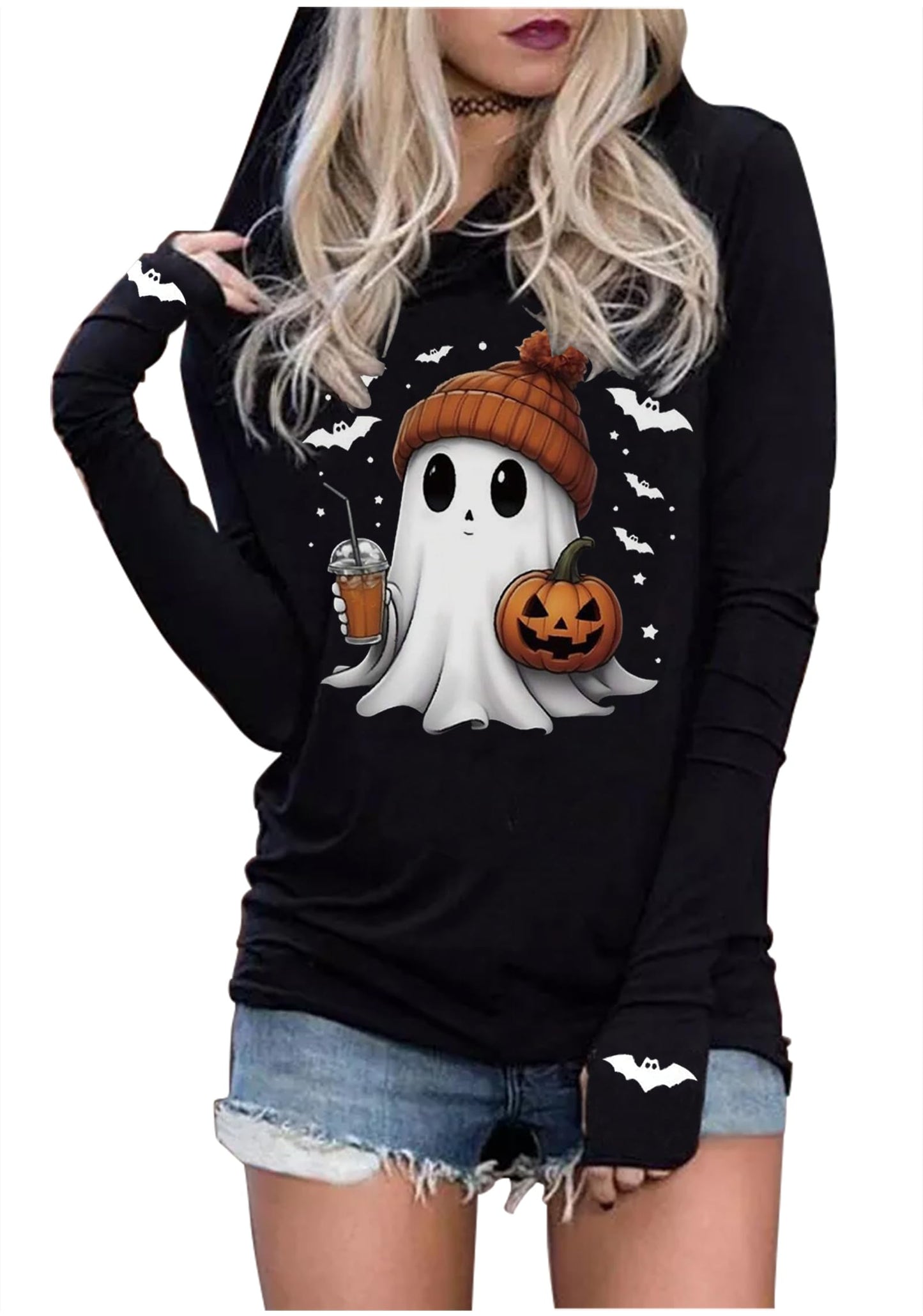Halloween Hoodies for Women Ghost Punkin Graphic T Shirts Horror Movie Halloween Tees Outfits Fall Trendy Hoodie Clothes(Ghost Black,X-Large)