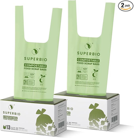 SUPERBIO 13 Gallon Handle Tie Compostable Food Waste Bags, 2 Pack, ASTM D6400