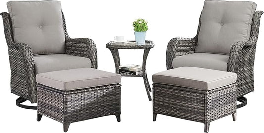 Rilyson Wicker Patio Furniture Set - 5 Piece Rattan Outdoor Sectional Conversation Sets with 2 Swivel Rocking Chairs,2 Ottomans and 1 Side Table for Porch Deck Garden(Mixed Grey/Grey)
