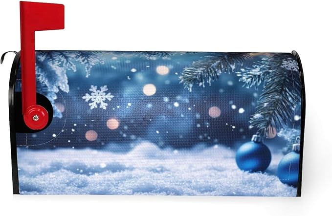 Festive Magnetic Mailbox Cover Winter Christmas Blue Ball Pattern Outdoor Mailbox Protector Holiday Seasonal Decorative Garden Yard Home Large Size 25.5 x 21 Inch