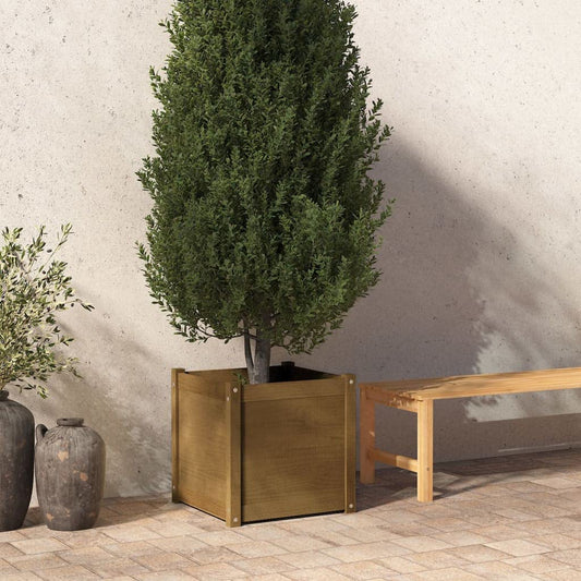 HFXHIJXQ Square Solid Pine Wood 19.7 in Honey Brown Outdoor Planter Box Rustic Garden Pot with Drainage for Flowers Herbs on Patio Terrace Balcony
