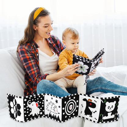 Vicloon Black and White Baby Toys, High Contrast Baby Book for Newborn 0-3 3-6 Months, Infant Tummy Time Toys, Early Education Sensory Toys, Visual Stimulation Folding Cloth Book for Boys Girls
