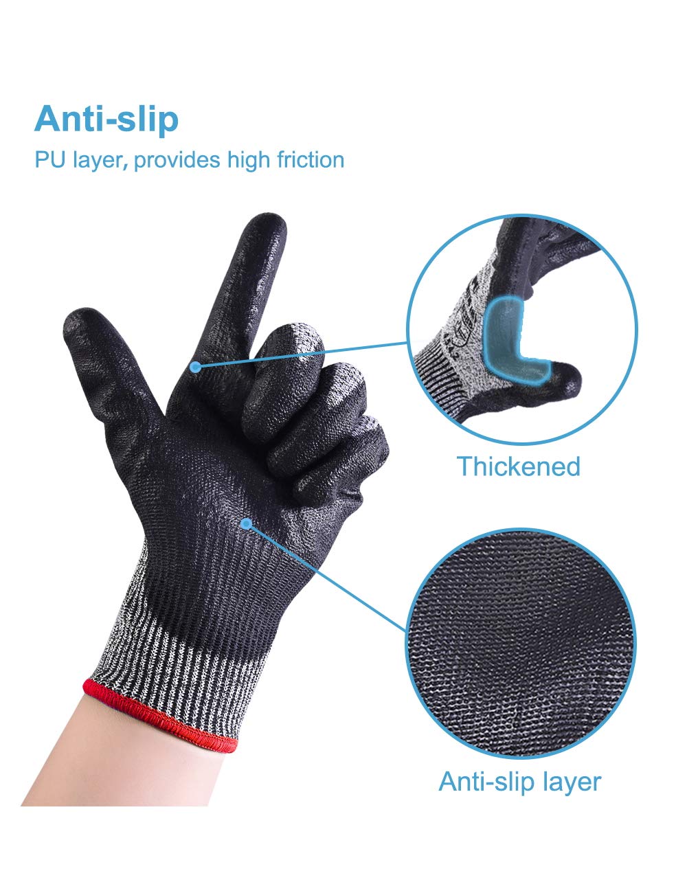 Donfri Cut Resistant Gloves High Performance Level 5 Protection Safety Work Gloves for Men Comfortable PU Coated Palm Cut Proof Gloves Gardening Food Grade Non-slip Machine Washable (L,3)