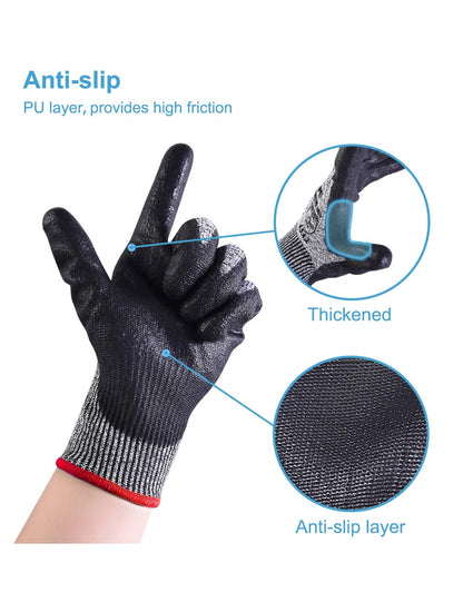 Donfri Cut Resistant Gloves High Performance Level 5 Protection Safety Work Gloves for Men Comfortable PU Coated Palm Cut Proof Gloves Gardening Food Grade Non-slip Machine Washable (L,3)