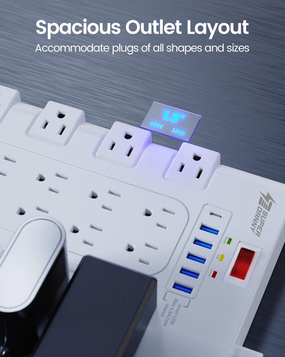 Power Strip, SUPERDANNY Surge Protector with 22 AC Outlets and 6 USB Charging Ports, 1875W/15A, 2100 Joules, 6.5Ft Flat Plug Heavy Duty Extension Cord for Home, Office, Dorm, Gaming Room, Black
