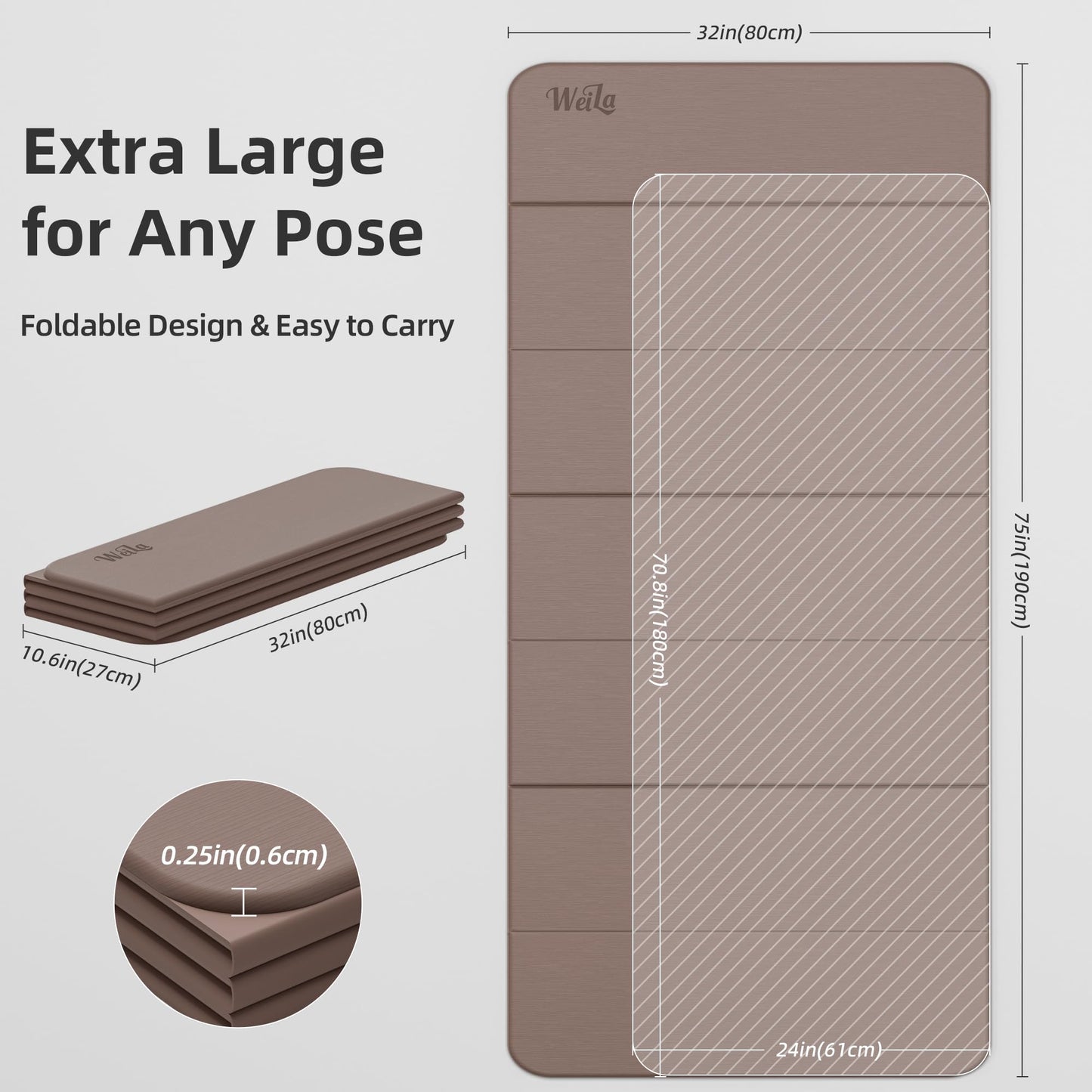Extra Large 75"x32" Foldable Yoga Mat, Durable Non-Slip TPE Fitness Mat for Yoga, Pilates, Floor Workouts, 7-Fold Portable for Home Gym & Travel (6mm Thick)(Brown)